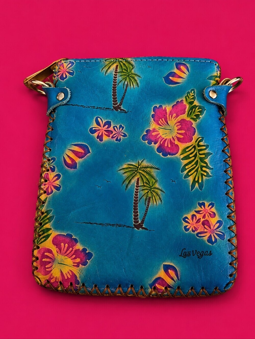 3/$30 Tropical Palm Tree Hibiscus Las Vegas Leather Crossbody Passport Mini Bag